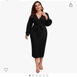 Verdusa Women's Plus Size V Neck Lantern Sleeve Midi Belted Bodycon Dress